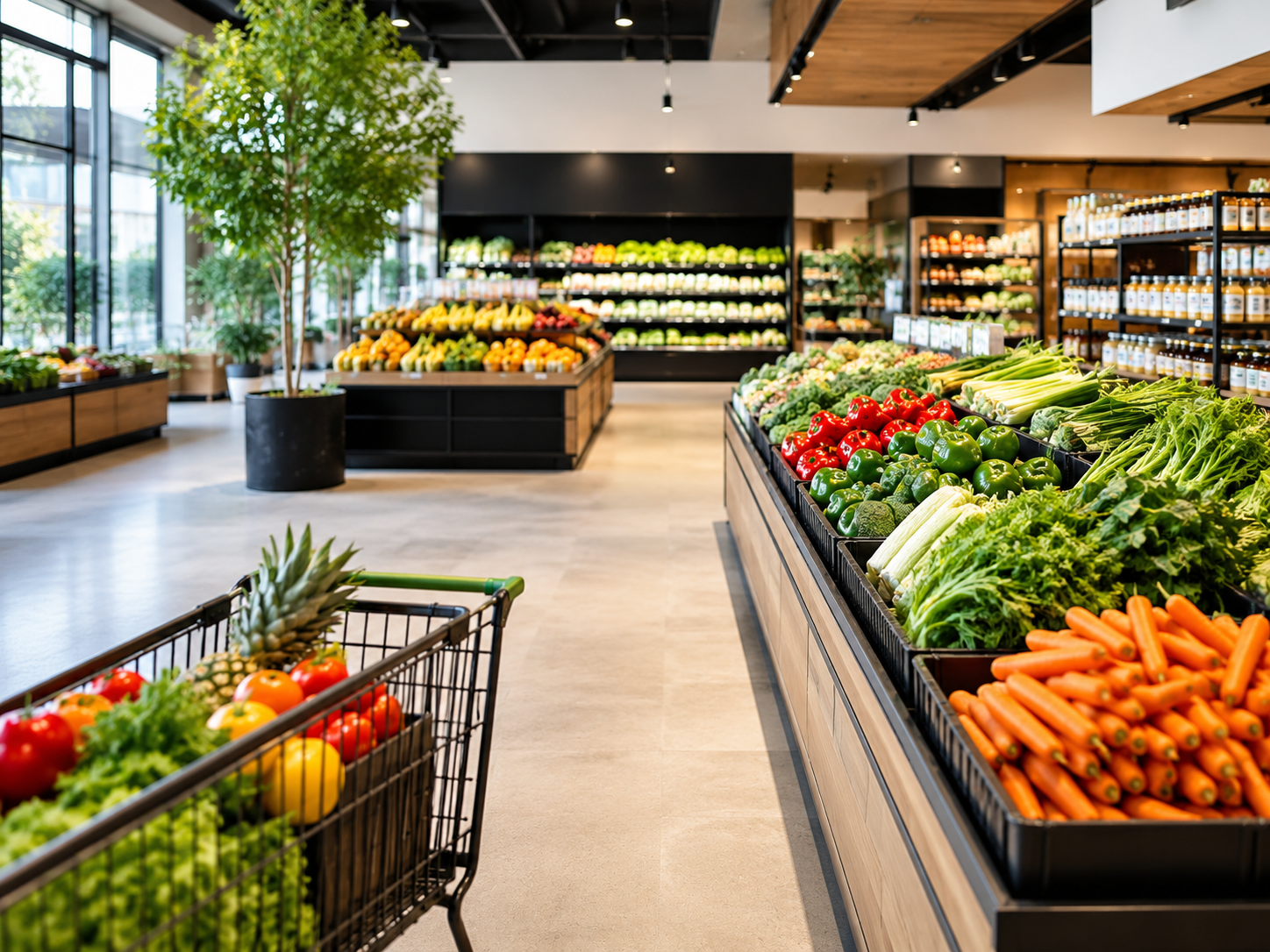 Well-stocked grocery store produce aisle